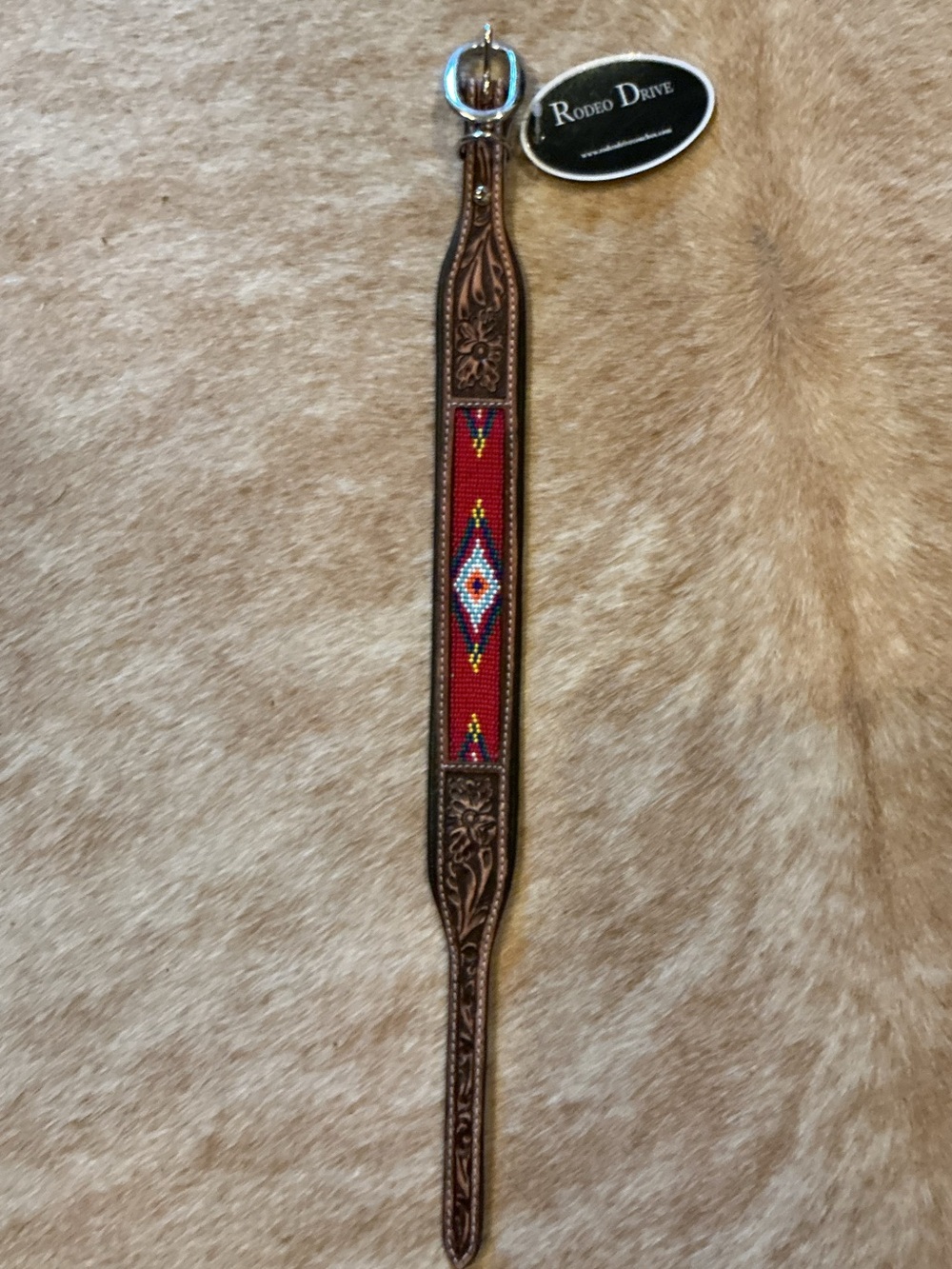 Brown Leather Dog Collar with Red Beaded Accent